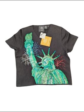 Michael Simon Black Tee with Green Sequin Statue of Liberty & Red/Blue Fireworks